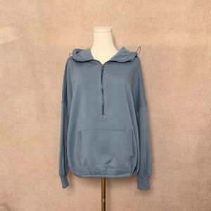 Zenana Oversized Blue Hooded Pullover with Front Kangaroo Pocket with Elastic